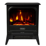 Black portable electric fire stove with flame effect over a coal bed