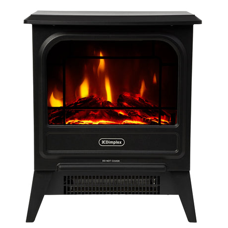 Black portable electric fire stove with flame effect over a coal bed