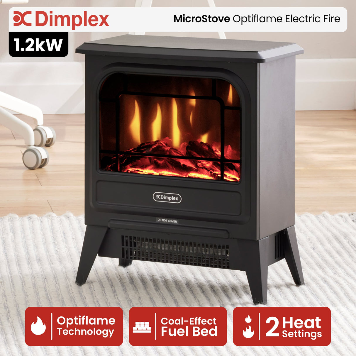 Front view of compact 1.2 kW electric stove with glass door and cast iron effect finish
