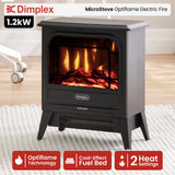 Front view of compact 1.2 kW electric stove with glass door and cast iron effect finish
