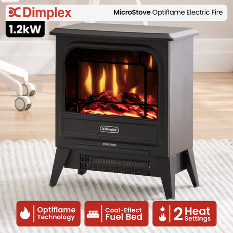 Front view of compact 1.2 kW electric stove with glass door and cast iron effect finish