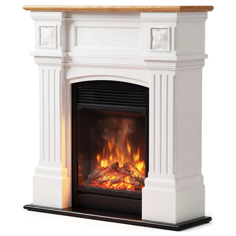White and oak veneer freestanding electric fireplace suite with LED flame effect