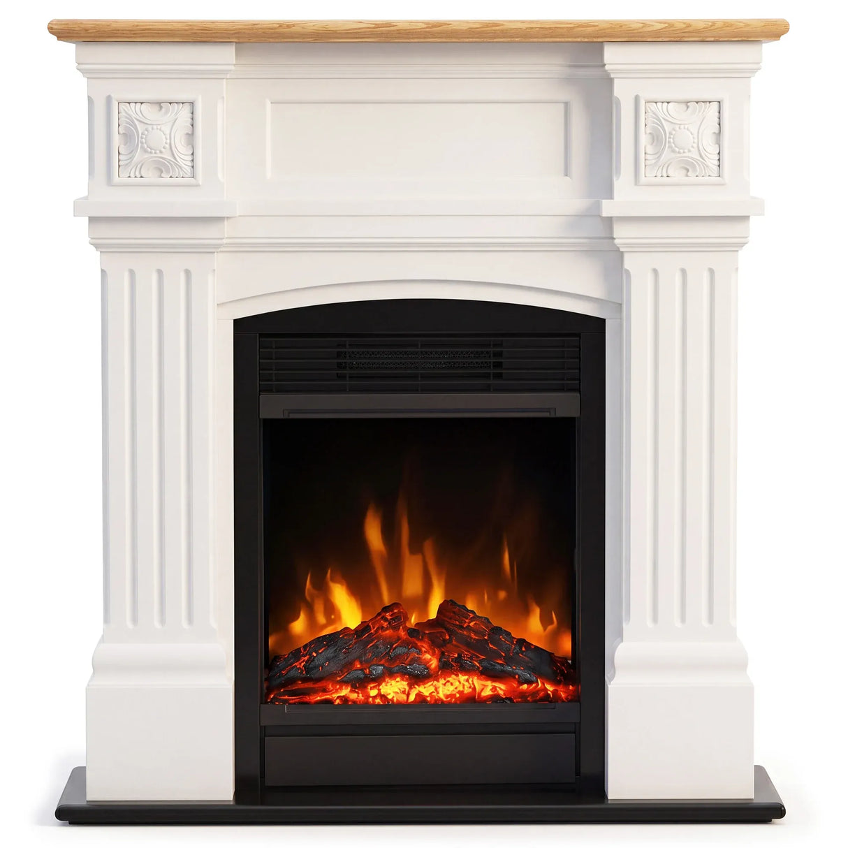 Granite effect front panel on the white and oak fireplace suite