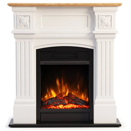 Granite effect front panel on the white and oak fireplace suite
