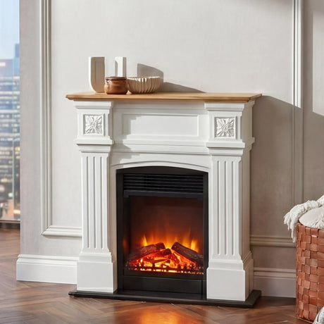White and oak electric fireplace suite styled in a small lounge room