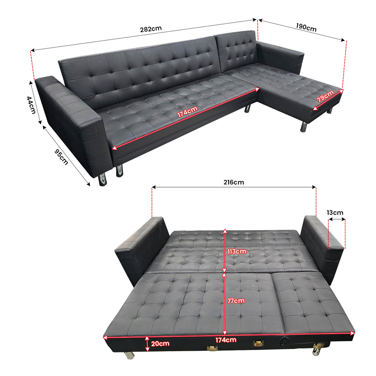 Sarantino Black Faux Leather Corner Sofa Bed