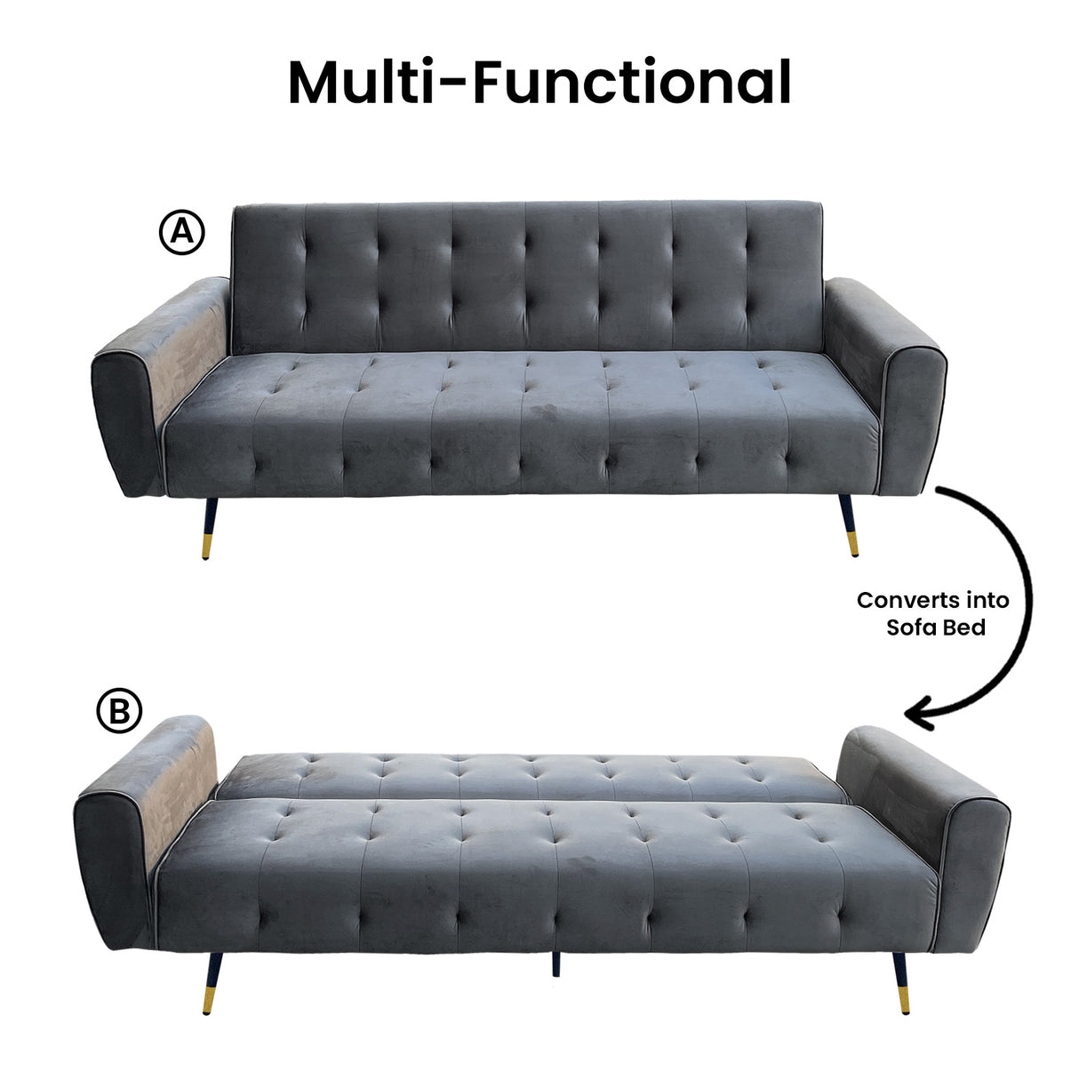 Sarantino Ava Dark Grey Velvet Sofa Bed