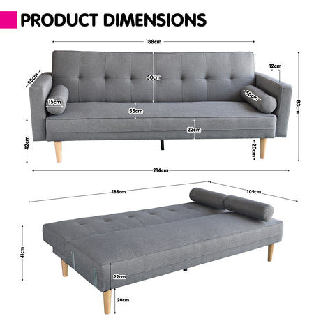 Sarantino MADISON 3-Seater Sofa Bed — Light Grey Linen, Modern Design — Allure Home Collections