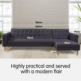 Sarantino Dark Grey Linen Corner Sofa Bed with Chaise — Wooden Frame — Allure Home Collections