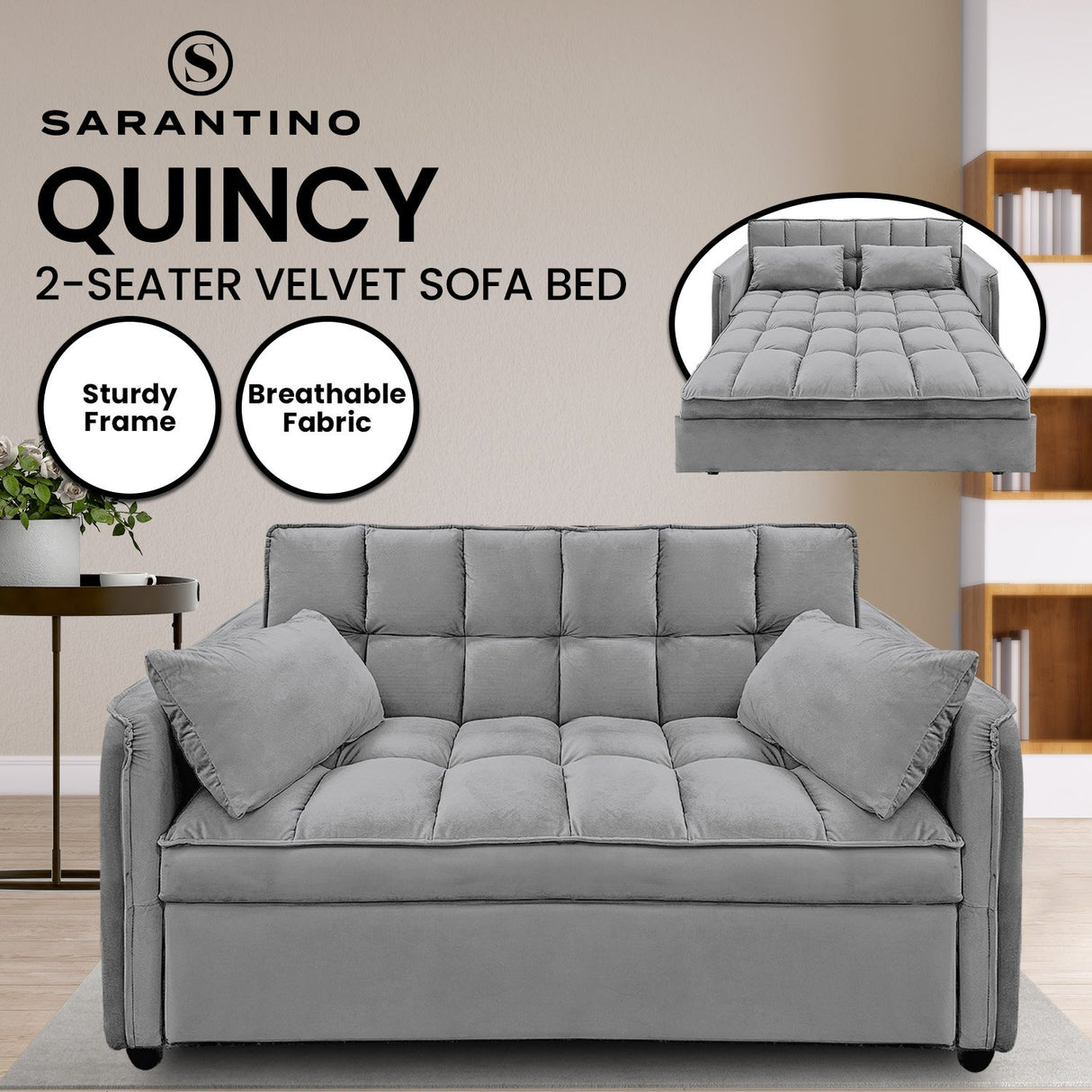 Sarantino QUINCY 2-Seater Velvet Sofa Bed — Dark Grey, Wooden Frame, Tufted — Allure Home Collections