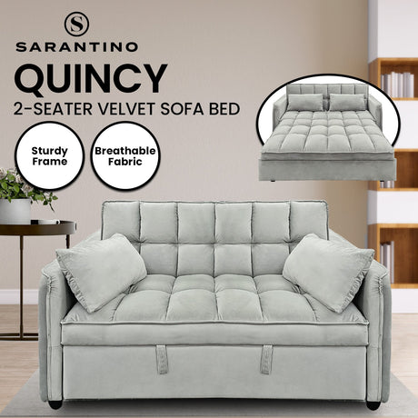 Sarantino QUINCY 2-Seater Velvet Sofa Bed — Light Grey, Wooden Frame, Tufted — Allure Home Collections