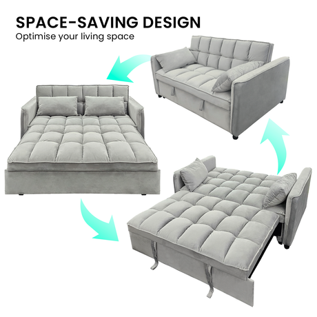 Sarantino QUINCY 2-Seater Velvet Sofa Bed — Light Grey, Wooden Frame, Tufted — Allure Home Collections