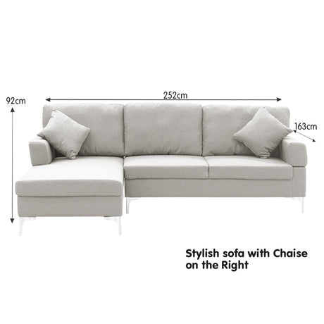 Sarantino Linen L-Shape Corner Sofa with Right-Side Chaise — Light Grey, Chrome Legs — Allure Home Collections