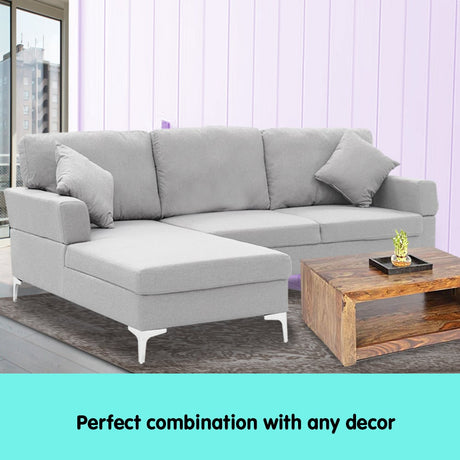 Sarantino Linen L-Shape Corner Sofa with Right-Side Chaise — Light Grey, Chrome Legs — Allure Home Collections