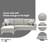 Sarantino Linen L-Shape Corner Sofa with Right-Side Chaise — Light Grey, Chrome Legs — Allure Home Collections