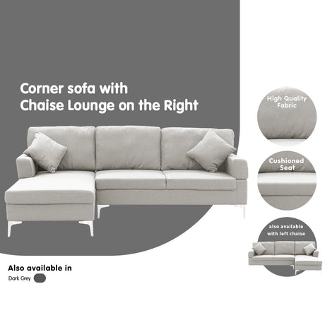 Sarantino Linen L-Shape Corner Sofa with Right-Side Chaise — Light Grey, Chrome Legs — Allure Home Collections