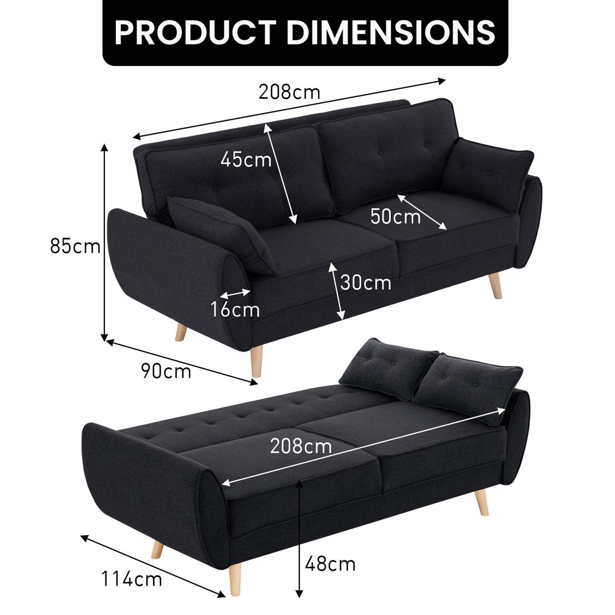 Sarantino Black Modular Linen Sofa Bed — 3-Seater, Contemporary Design — Allure Home Collections