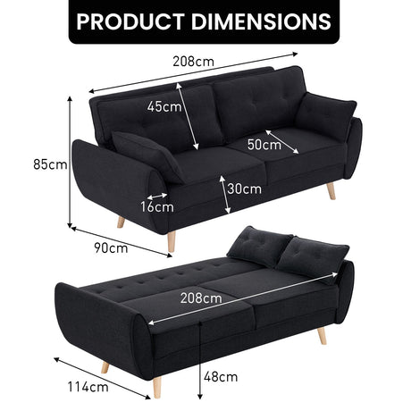 Sarantino Black Modular Linen Sofa Bed — 3-Seater, Contemporary Design — Allure Home Collections