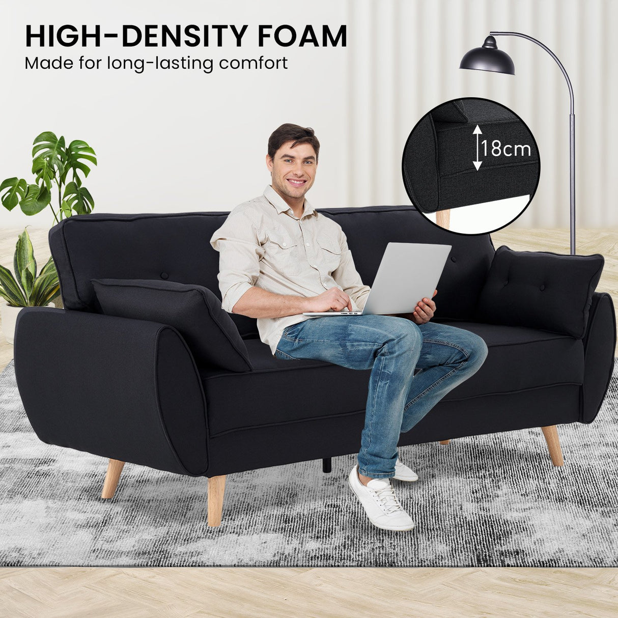 Sarantino Black Modular Linen Sofa Bed — 3-Seater, Contemporary Design — Allure Home Collections