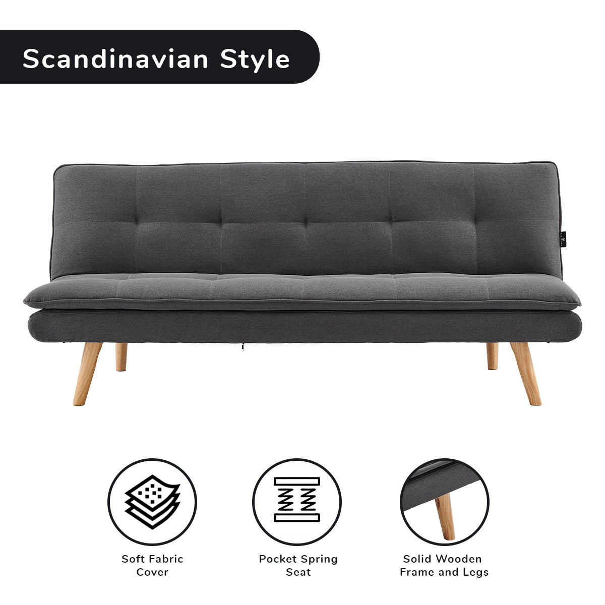 Sarantino 3-Seater Linen Sofa Bed with Curved Design — Dark Grey, Wooden Legs — Allure Home Collections