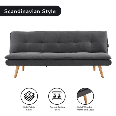 Sarantino 3-Seater Linen Sofa Bed with Curved Design — Dark Grey, Wooden Legs — Allure Home Collections
