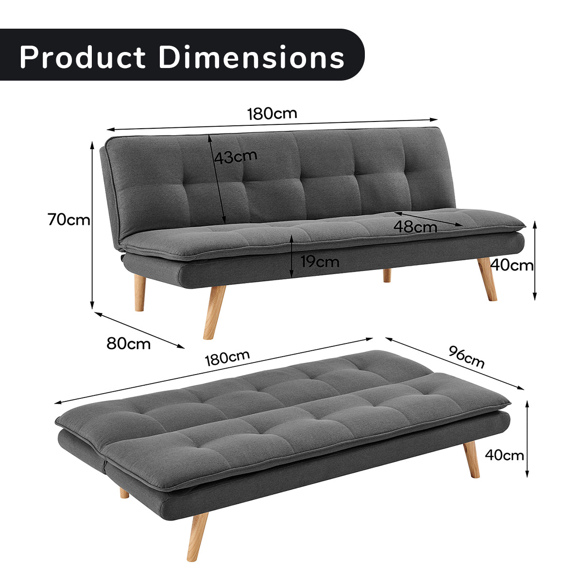 Sarantino 3-Seater Linen Sofa Bed with Curved Design — Dark Grey, Wooden Legs — Allure Home Collections
