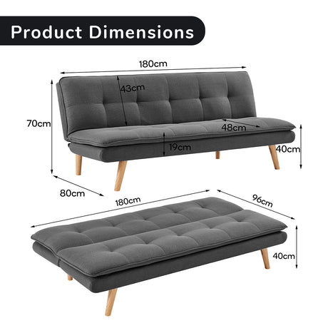 Sarantino 3-Seater Linen Sofa Bed with Curved Design — Dark Grey, Wooden Legs — Allure Home Collections