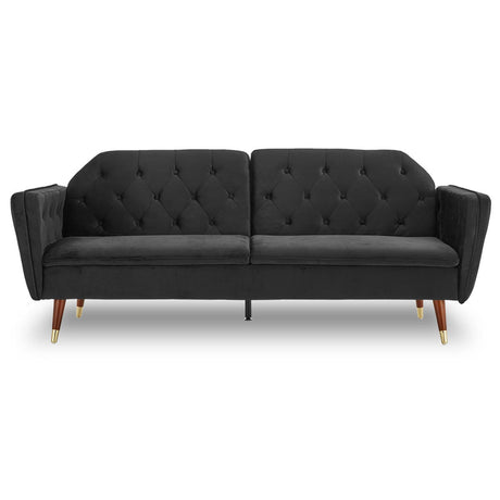 Sarantino Faux Velvet Tufted Convertible Sofa Bed — Brown, Wooden Legs — Allure Home Collections