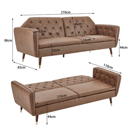 Sarantino Faux Velvet Tufted Convertible Sofa Bed — Brown, Wooden Legs — Allure Home Collections