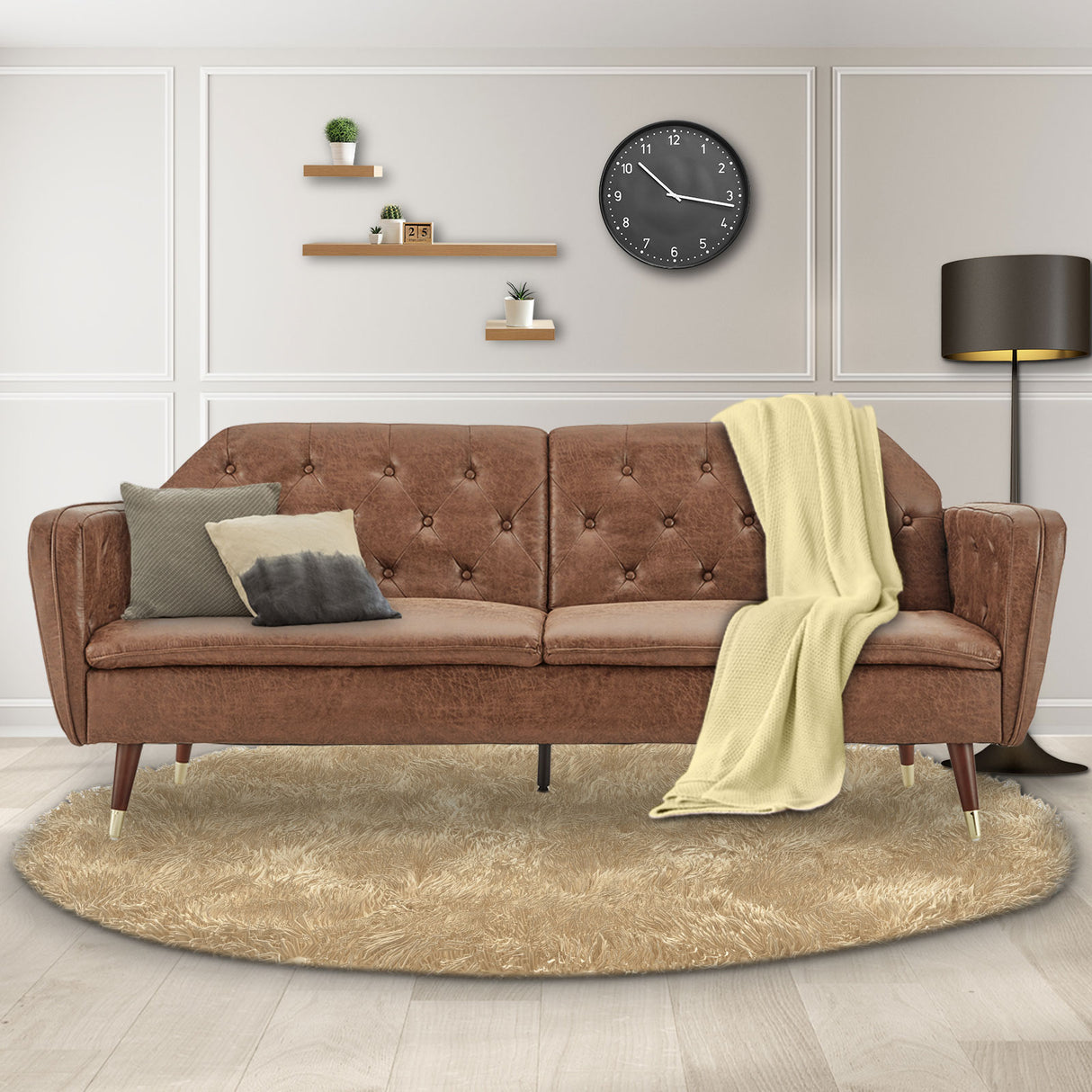Sarantino Faux Velvet Tufted Convertible Sofa Bed — Brown, Wooden Legs — Allure Home Collections