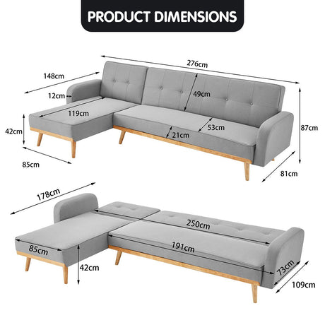 Sarantino 3-Seater Corner Sofa Bed - Light Grey
