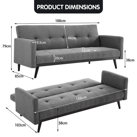 Sarantino Tufted Faux Linen 3-Seater Sofa Bed with Armrests — Light Grey — Allure Home Collections