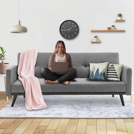 Sarantino Tufted Faux Linen 3-Seater Sofa Bed with Armrests — Light Grey — Allure Home Collections