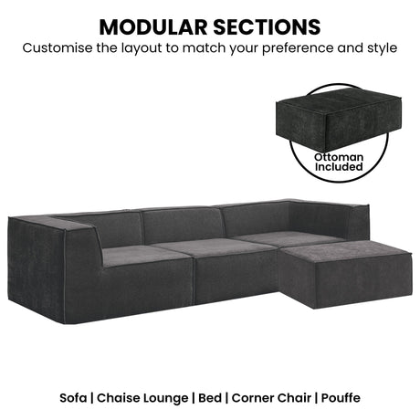Sarantino NOVI 3-Seater Modular Sofa with Ottoman — Black, Non-Slip Base — Allure Home Collections