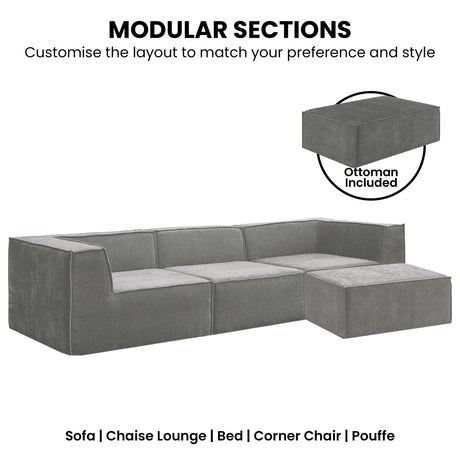 Sarantino NOVI 3-Seater Modular Sofa with Ottoman — Grey, Non-Slip Base — Allure Home Collections