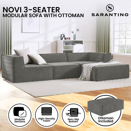Sarantino NOVI 3-Seater Modular Sofa with Ottoman — Grey, Non-Slip Base — Allure Home Collections