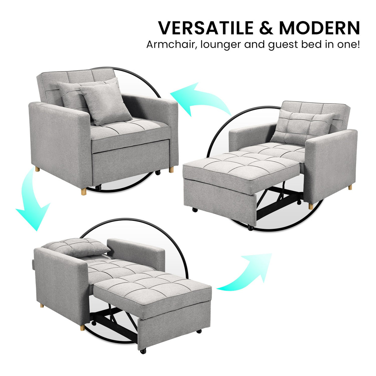 Sarantino Suri 3-in-1 Convertible Sofa Chair Bed in Grey Sarantino