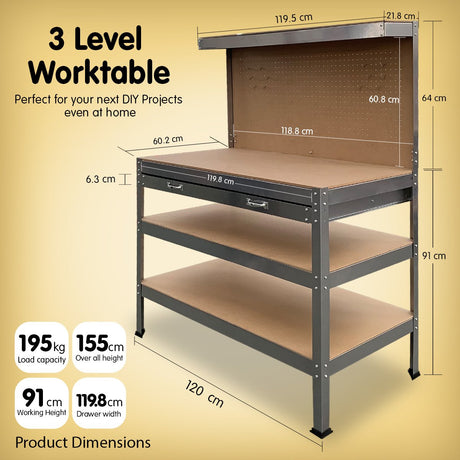 Furka 3 Tier Garage Workbench, Silver