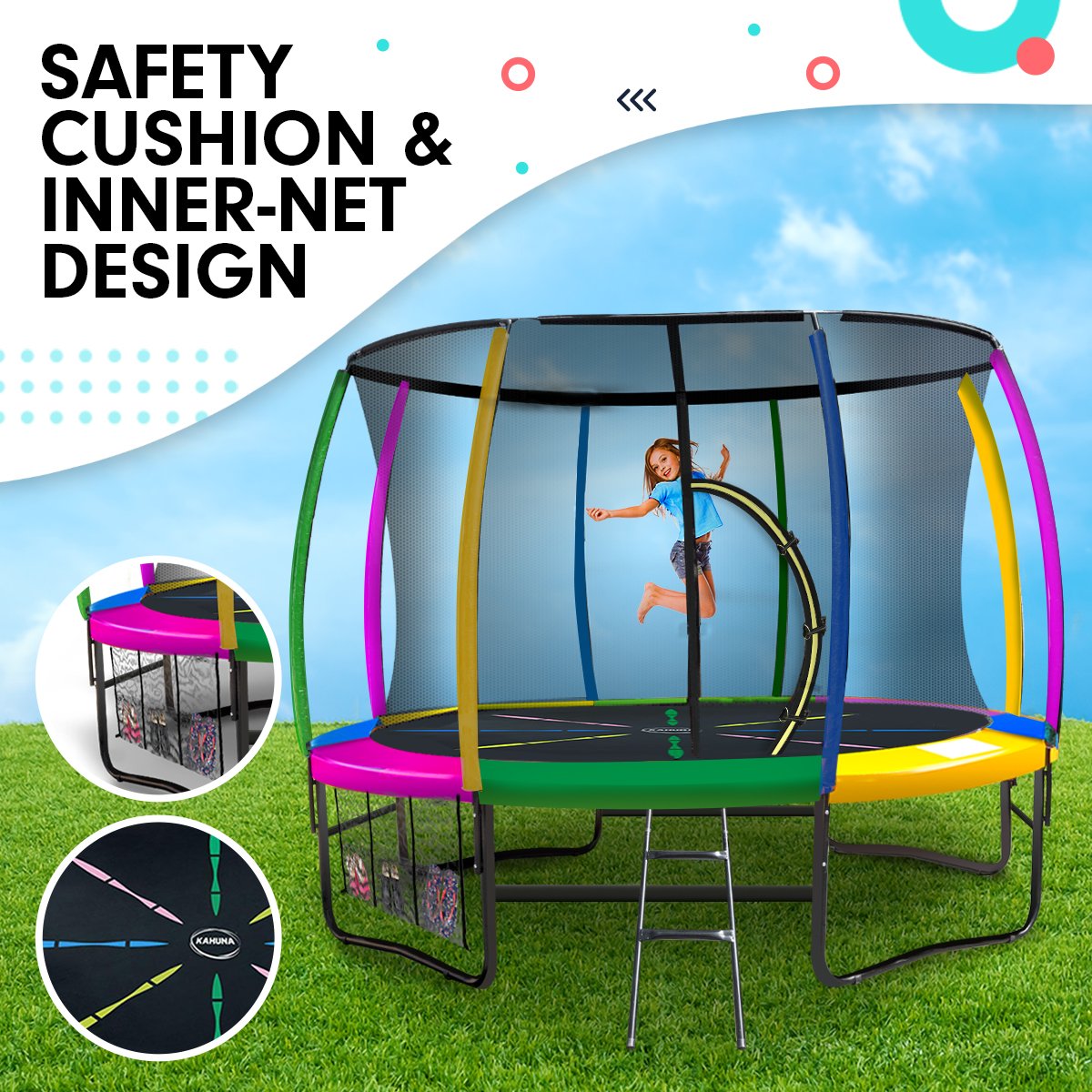 Causeway Kids Round Trampoline with Rainbow Pad and Enclosure, 8ft