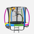 Round 8ft kids trampoline with rainbow pad, basketball hoop and enclosure net