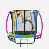 Round 8ft kids trampoline with rainbow pad, basketball hoop and enclosure net
