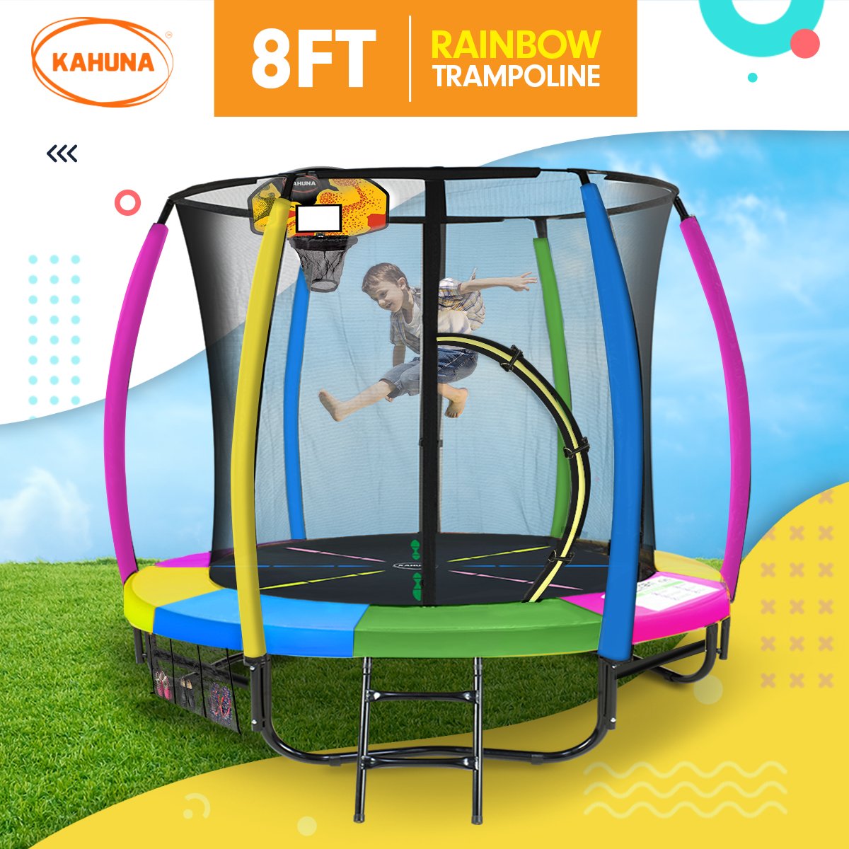 Statue Bay Kids Round Trampoline with Rainbow Pad, Basketball Set and Enclosure, 8ft