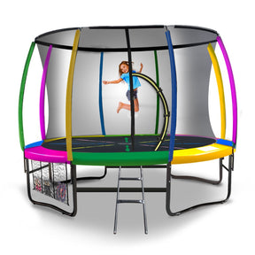 Round 10ft trampoline with rainbow safety pad, enclosure net and ladder