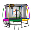 Round 10ft trampoline with rainbow pad, basketball hoop, enclosure net and ladder