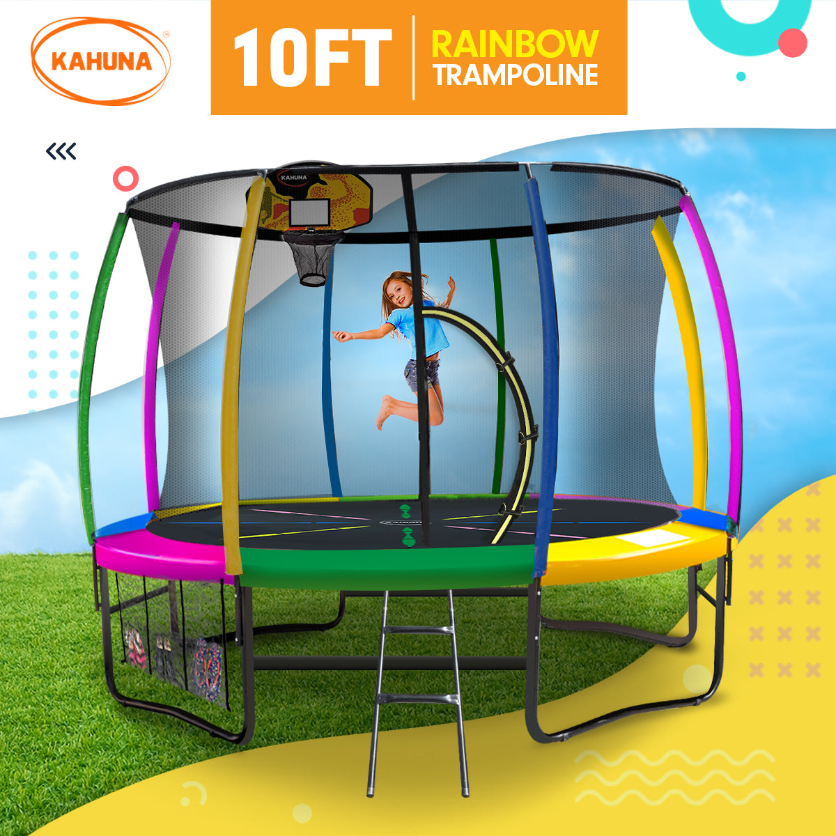 Bangalee Round Trampoline with Rainbow Pad, Basketball Set, Enclosure and Ladder, 10ft