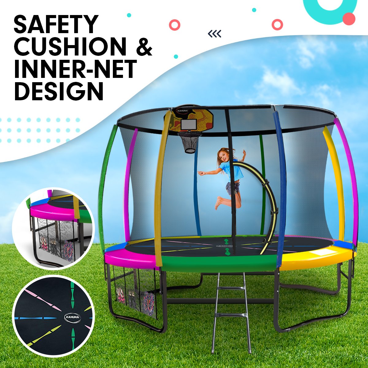 Bangalee Round Trampoline with Rainbow Pad, Basketball Set, Enclosure and Ladder, 10ft