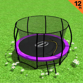 Purple 12ft round trampoline with inner safety net, ladder and shoe storage