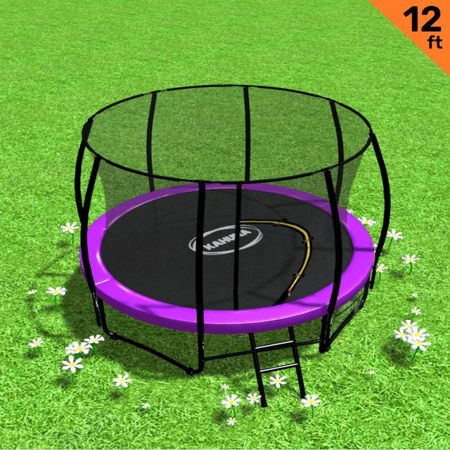 Purple 12ft round trampoline with inner safety net, ladder and shoe storage