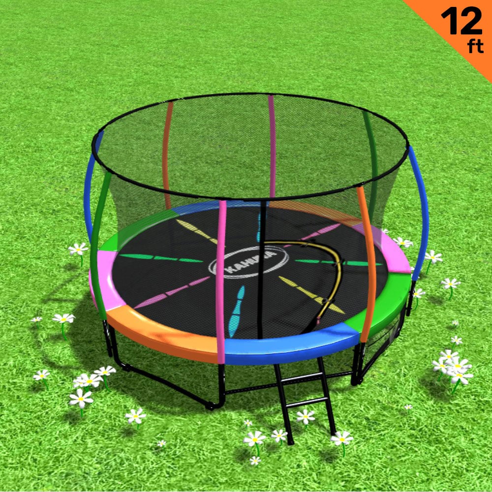 Round 12ft trampoline with rainbow safety pad, enclosure net and ladder