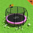 Pink 14ft round trampoline with basketball hoop, enclosure net and ladder